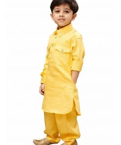 Kurta Pyjama Vastramay Cotton Blend Yellow Baap Beta Pathani Kurta & Pyjama Set