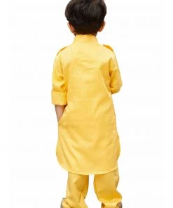 Kurta Pyjama Vastramay Cotton Blend Yellow Baap Beta Pathani Kurta & Pyjama Set