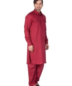 Kurta Pyjama Vastramay Cotton Blend Maroon Baap Beta Pathani Kurta & Pyjama Set