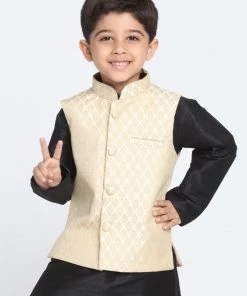 Vastramay Silk Blend Cream And Zari Gold Baap Beta Ethnic Jacket