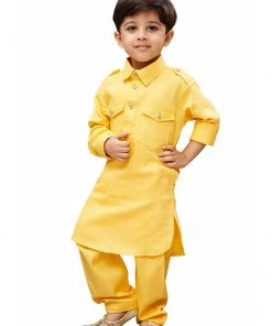 Kurta Pyjama Vastramay Cotton Blend Yellow Baap Beta Pathani Kurta & Pyjama Set