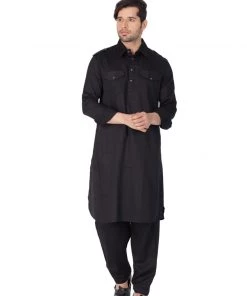 Vastramay Cotton Blend Black Baap Beta Pathani Kurta & Pyjama Set