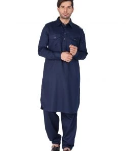 Vastramay Cotton Blend Navy Blue Baap Beta Pathani Kurta & Pyjama Set