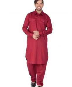 Kurta Pyjama Vastramay Cotton Blend Maroon Baap Beta Pathani Kurta & Pyjama Set
