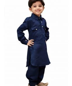 Vastramay Cotton Blend Navy Blue Baap Beta Pathani Kurta & Pyjama Set