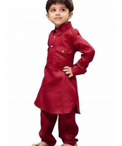 Kurta Pyjama Vastramay Cotton Blend Maroon Baap Beta Pathani Kurta & Pyjama Set