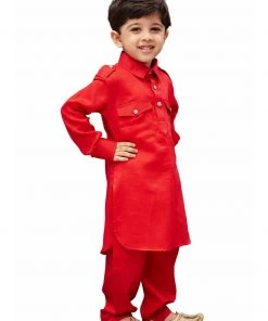 Vastramay Cotton Blend Red Baap Beta Pathani Kurta & Pyjama Set
