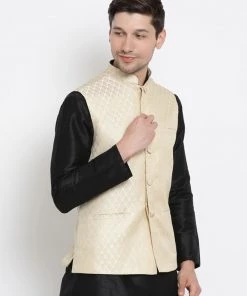 Vastramay Silk Blend Cream And Zari Gold Baap Beta Ethnic Jacket