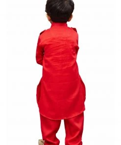 Vastramay Cotton Blend Red Baap Beta Pathani Kurta & Pyjama Set