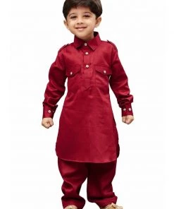Kurta Pyjama Vastramay Cotton Blend Maroon Baap Beta Pathani Kurta & Pyjama Set