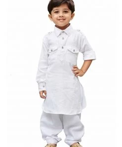 Kurta Pyjama Vastramay Cotton Blend White Baap Beta Pathani Kurta & Pyjama Set