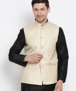 Vastramay Silk Blend Cream And Zari Gold Baap Beta Ethnic Jacket