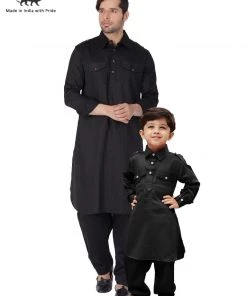 Vastramay Cotton Blend Black Baap Beta Pathani Kurta & Pyjama Set