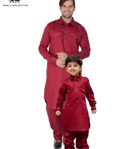 Kurta Pyjama Vastramay Cotton Blend Maroon Baap Beta Pathani Kurta & Pyjama Set