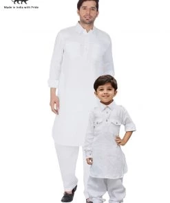 Kurta Pyjama Vastramay Cotton Blend White Baap Beta Pathani Kurta & Pyjama Set