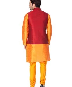 Vastramay Men's Orange Cotton Silk Blend Kurta, Ethnic Jacket And Pyjama Set 11 Vastramay Men's Orange Cotton Silk Blend Kurta, Ethnic Jacket And Pyjama Set