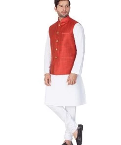 Vastramay Men's White Cotton Blend Kurta, Ethnic Jacket And Pyjama Set