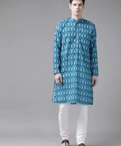 Vastramay Men's Turquoise Cotton Blend Ikkat Print Kurta