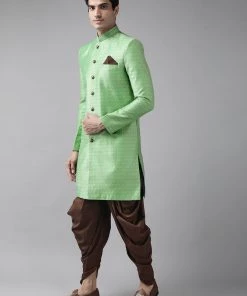 Vastramay Men's Green And Coffee Silk Blend Sherwani Set