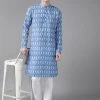 Vastramay Men's Aqua Blue Ikkat Print Cotton Blend Kurta