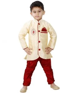JBN Creation Boys' Gold Cotton Silk Kurta And Pyjama Set