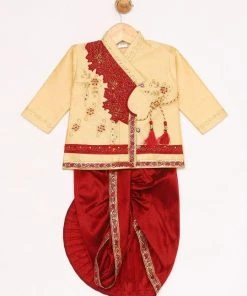 JBN Creation Boys Gold And Maroon Angrakha Kurta And Dhoti Set