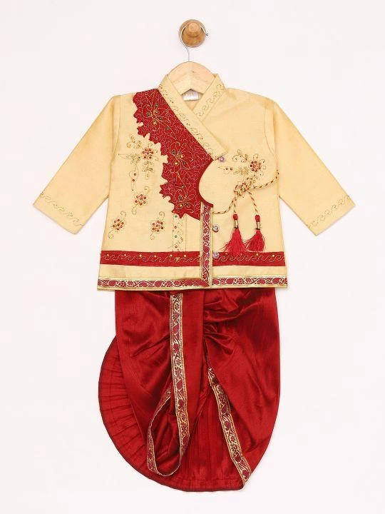 JBN Creation Boys Gold And Maroon Angrakha Kurta And Dhoti Set 3 JBN Creation Boys Gold And Maroon Angrakha Kurta And Dhoti Set