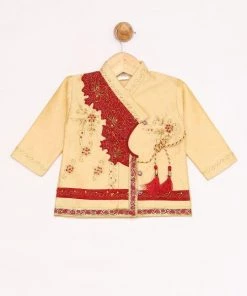 JBN Creation Boys Gold And Maroon Angrakha Kurta And Dhoti Set