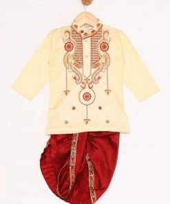 JBN Creation Gold And Maroon Silk Blend Kurta And Dhoti Set