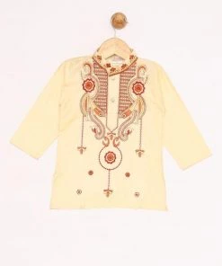 JBN Creation Gold And Maroon Silk Blend Kurta And Dhoti Set