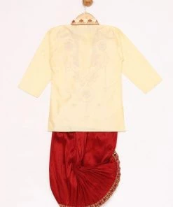 JBN Creation Gold And Maroon Silk Blend Kurta And Dhoti Set