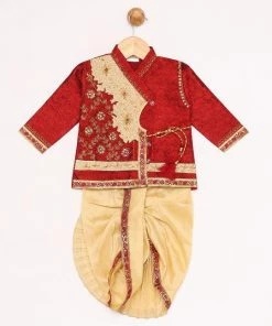 JBN Creation Gold & Maroon Angrakha Kurta And Dhoti Set