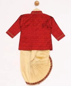 JBN Creation Gold & Maroon Angrakha Kurta And Dhoti Set