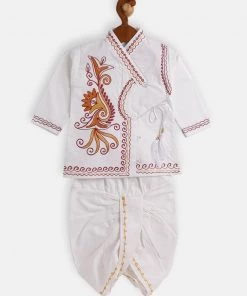 JBN Creation Boy's White Ethnic Motifs Embroidered Angrakha Kurta With Dhoti Pants