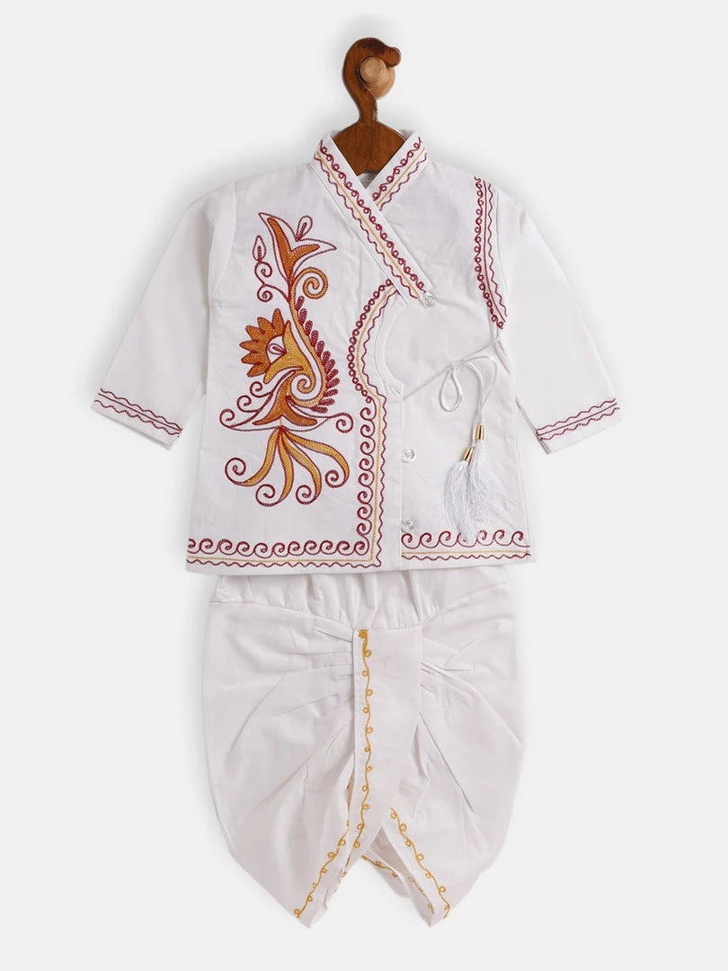 JBN Creation Boy's White Ethnic Motifs Embroidered Angrakha Kurta With Dhoti Pants 3 JBN Creation Boy's White Ethnic Motifs Embroidered Angrakha Kurta With Dhoti Pants