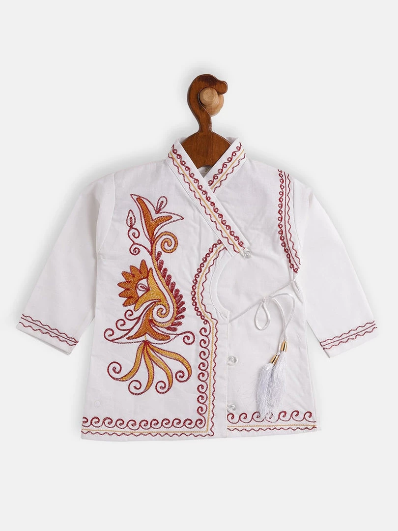 JBN Creation Boy's White Ethnic Motifs Embroidered Angrakha Kurta With Dhoti Pants 5 JBN Creation Boy's White Ethnic Motifs Embroidered Angrakha Kurta With Dhoti Pants