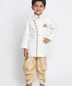JBN Creation Boy's White Jute Silk Blend Sherwani Set