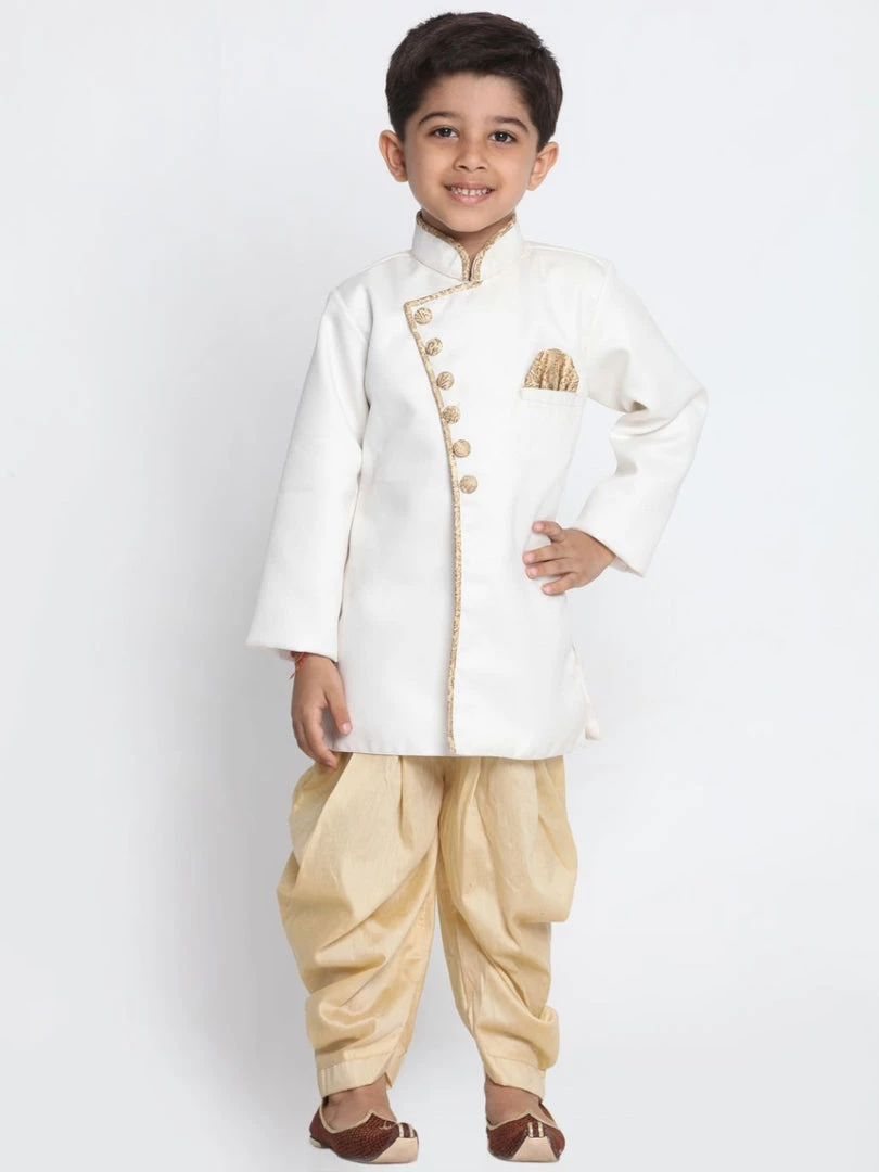 JBN Creation Boy's White Jute Silk Blend Sherwani Set 3 JBN Creation Boy's White Jute Silk Blend Sherwani Set