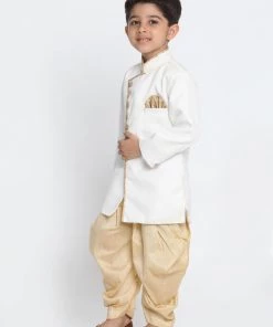 Vastramay Cotton Blend White And Gold Baap Beta Sherwani Set Sherwani/Indowestern 15 Vastramay Cotton Blend White And Gold Baap Beta Sherwani Set Sherwani/Indowestern
