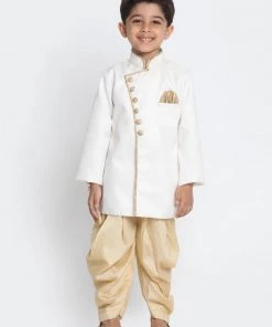 Vastramay Cotton Blend White And Gold Baap Beta Sherwani Set Sherwani/Indowestern 13 Vastramay Cotton Blend White And Gold Baap Beta Sherwani Set Sherwani/Indowestern
