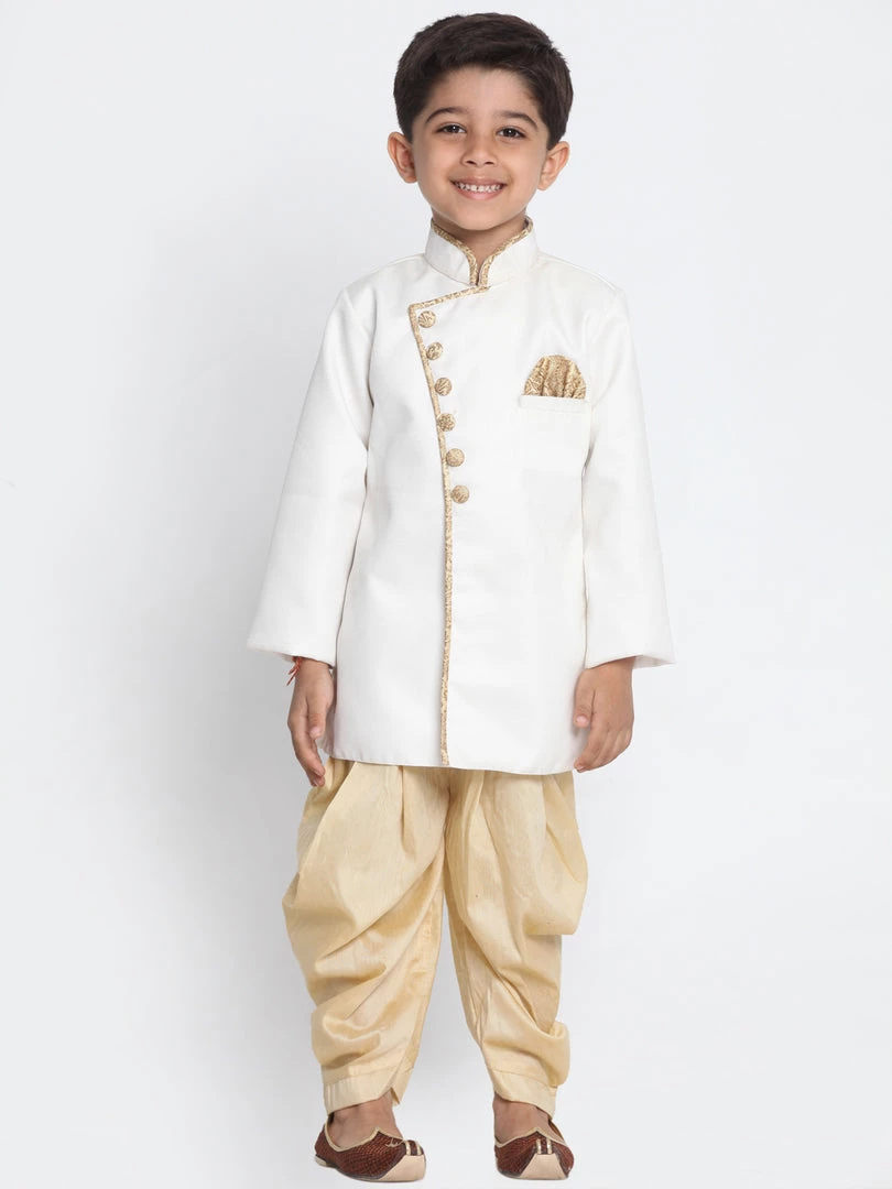 Vastramay Cotton Blend White And Gold Baap Beta Sherwani Set Sherwani/Indowestern 5 Vastramay Cotton Blend White And Gold Baap Beta Sherwani Set Sherwani/Indowestern