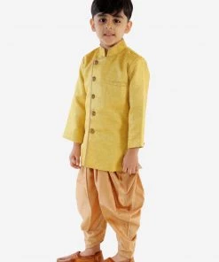 JBN Creation Boys Boy's Mustard Jute Silk Blend Sherwani Set