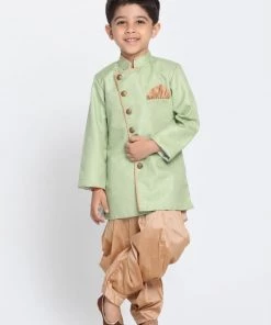JBN Creation Boys Green Jute Silk Blend Sherwani Set