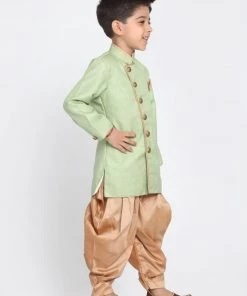 JBN Creation Boys Green Jute Silk Blend Sherwani Set