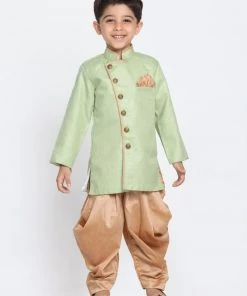 JBN Creation Boys Green Jute Silk Blend Sherwani Set
