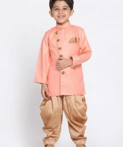JBN Creation Boys Pink Jute Silk Blend Sherwani Set