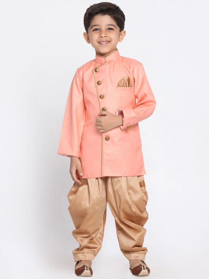 JBN Creation Boys Pink Jute Silk Blend Sherwani Set 3 JBN Creation Boys Pink Jute Silk Blend Sherwani Set