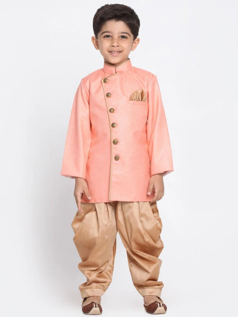 JBN Creation Boys Pink Jute Silk Blend Sherwani Set 8 JBN Creation Boys Pink Jute Silk Blend Sherwani Set