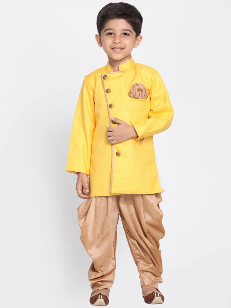 JBN Creation Boys Yellow Jute Silk Blend Sherwani Set 3 JBN Creation Boys Yellow Jute Silk Blend Sherwani Set