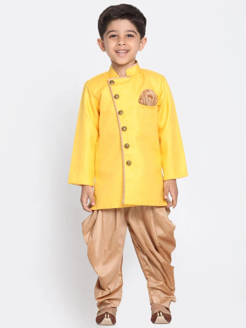 JBN Creation Boys Yellow Jute Silk Blend Sherwani Set 8 JBN Creation Boys Yellow Jute Silk Blend Sherwani Set